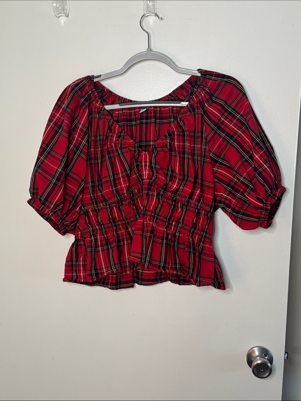 Old Navy Red Plaid Smocked Peasant Crop Top